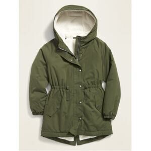Old Navy Matcha Green Canvas Hooded Sherpa Lined Girls Parka Jacket Size M 8